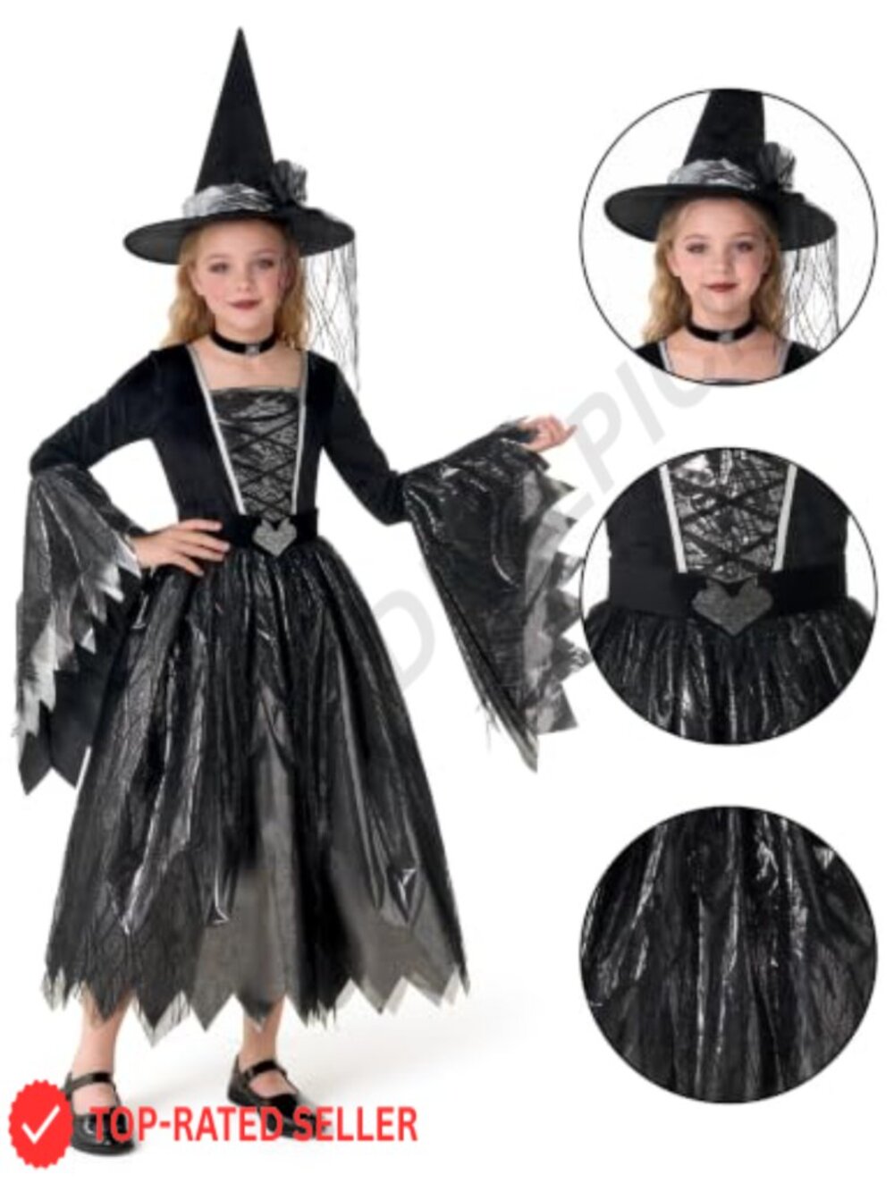 Girls Witch Costume Set 6 Pc Dress Hat Broom Bag Belt Choker Halloween - Picture 4 of 6